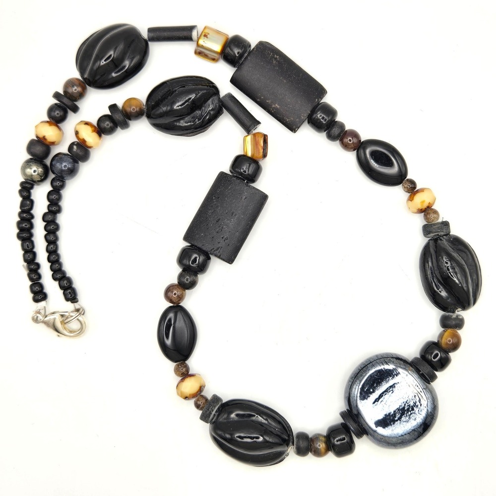 Vintage Chunky Black Glass‎ Stone Mixed Bead Necklace Tiger Eye Metallic 20"
